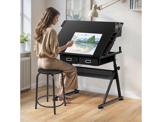 HomGarden Height Adjustable Drafting Desk Drawing Table Art Craft Work Station w/Stool, Power Outlet and Storage Drawers for Home Office Study...