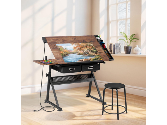 HomGarden Height Adjustable Drafting Desk Drawing Table Art Craft Work Station w/Stool, Power Outlet and Storage Drawers for Home Office Study...