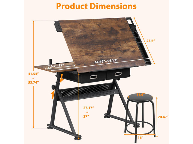 HomGarden Height Adjustable Drafting Desk Drawing Table Art Craft Work Station w/Stool, Power Outlet and Storage Drawers for Home Office Study...