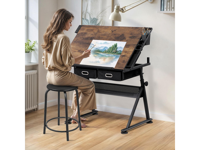 HomGarden Height Adjustable Drafting Desk Drawing Table Art Craft Work Station w/Stool, Power Outlet and Storage Drawers for Home Office Study...