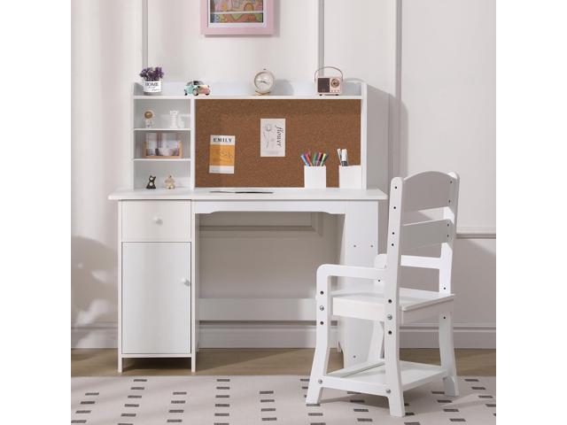 GarveeHome Kids Desk and Chair Set, Wooden Study Table with Storage Shelf, Bulletin Board, Children School Learning Desk Set, Writing Table for...