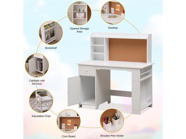 GarveeHome Kids Desk and Chair Set, Wooden Study Table with Storage Shelf, Bulletin Board, Children School Learning Desk Set, Writing Table for...