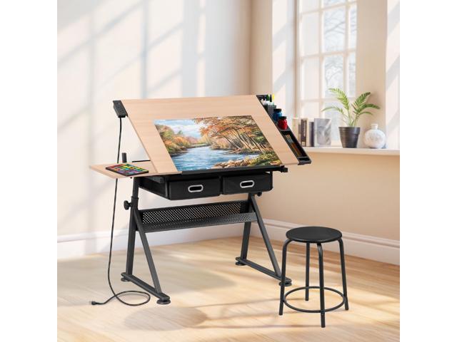JupiterForce Drafting Table Art Desk w/Power Outlet and Stool, Adjustable Tilting Drawing Table Artist Desk with 2 Storage Drawers, Art Craft Work...