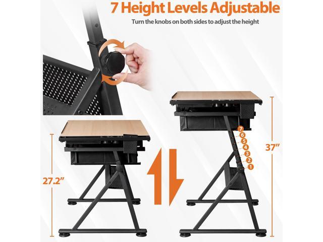 JupiterForce Drafting Table Art Desk w/Power Outlet and Stool, Adjustable Tilting Drawing Table Artist Desk with 2 Storage Drawers, Art Craft Work...