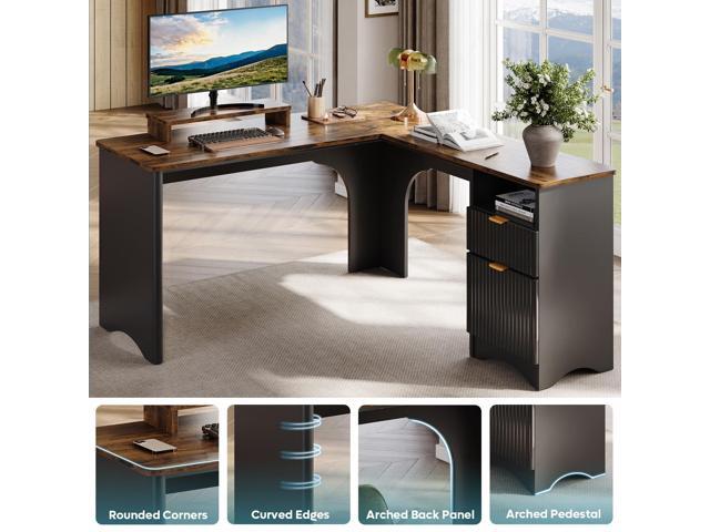 Bestier L Shaped Desk with File Drawer, 55.7' x 55' Office Computer Desk with Round Corners, Modern Desk with Monitor Stand & Fluted Panels for...