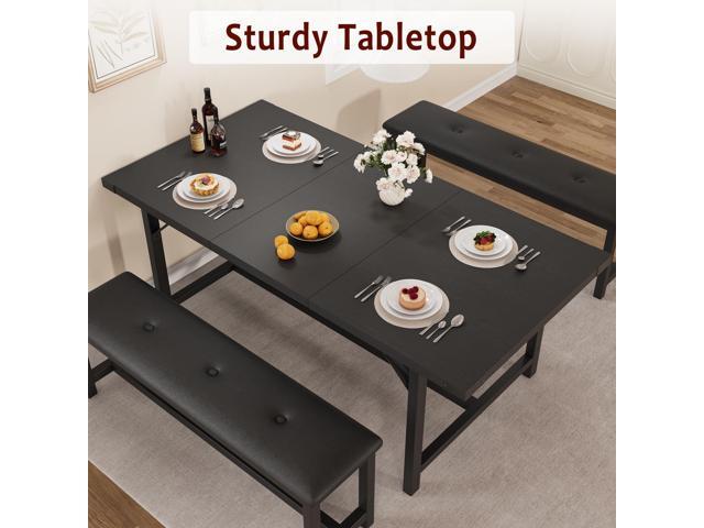 CABIHOME Dining Table Set for 4-6, 63' Extendable Dining Room Table Set With 2 Upholstered Benches, 3 Piece Large Rectangle Kitchen Table Set With...