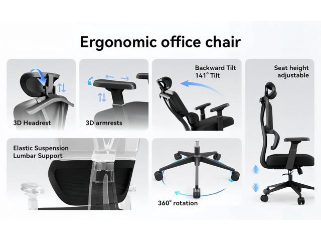 Ergonomic Office Chair Mesh High Back Computer Desk Chair with Lumbar Support, Adjustable Headrest, 3D Armrests, Tilt Lock for Home Office & Gaming