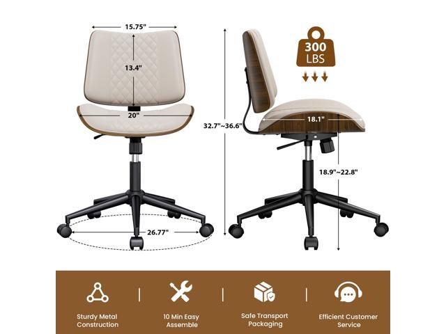Home Armless Office Chair, Modern Walnut Desk Chair with Wheels, Adjustable Swivel Rolling Task Chair with Curved Back for Reading,Meeting Room,Beige