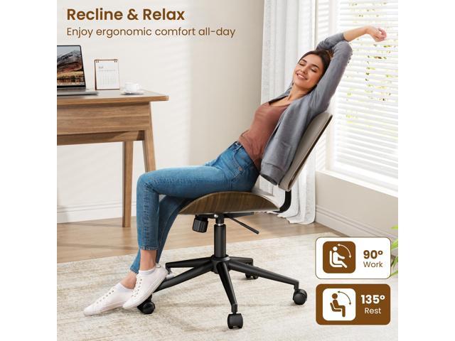 Home Armless Office Chair, Modern Walnut Desk Chair with Wheels, Adjustable Swivel Rolling Task Chair with Curved Back for Reading,Meeting Room,Beige