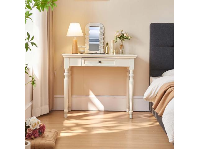 White Writing Desks with Drawers, 35' Solid Wood French Country Style Computer Desk for Home Office, Living Room Study or Workspace