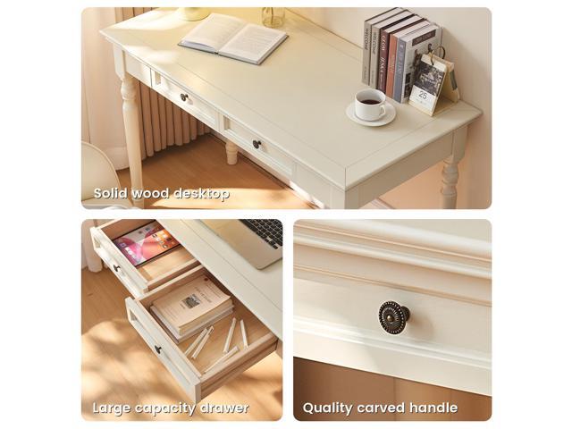 White Writing Desks with Drawers, 35' Solid Wood French Country Style Computer Desk for Home Office, Living Room Study or Workspace