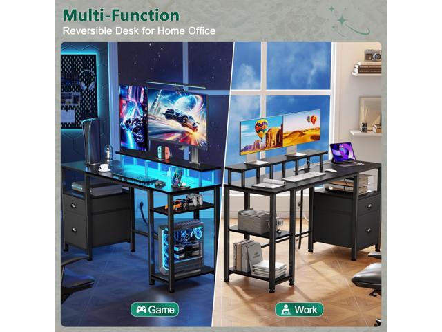 Furologee 61' Gaming Desk with Power Outlets & LED Lights, Reversible Computer Desk with File Cabinet & Monitor Stand for Home Office, Large Work...