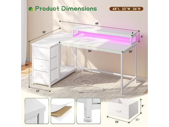 EnHomee L Shaped Gaming Desk with Drawers & Power Outlet, Small Computer Desk with LED Lights, Reversible White Office Desk with Monitor Stand for...