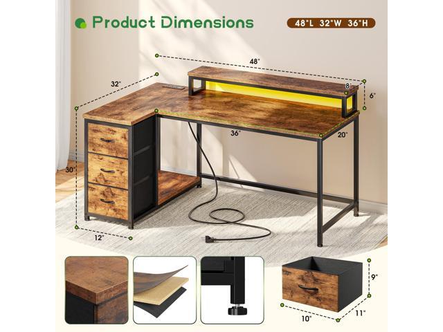 EnHomee L Shaped Gaming Desk with Monitor Stand & 3 Drawers, 48 Inch Computer Desk with Power Outlet Reversible Office Desk with LED Lights for...