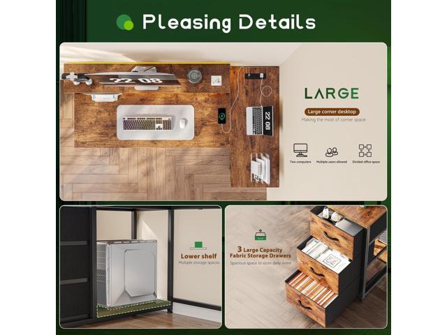 EnHomee L Shaped Gaming Desk with Monitor Stand & 3 Drawers, 48 Inch Computer Desk with Power Outlet Reversible Office Desk with LED Lights for...
