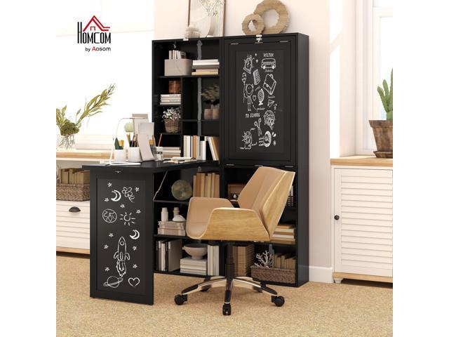 HOMCOM Foldable Convertible Writing Table, Wall Mounted Space-Saving Computer Desk with Chalkboard and Storage Shelves for Small Spaces, Home...