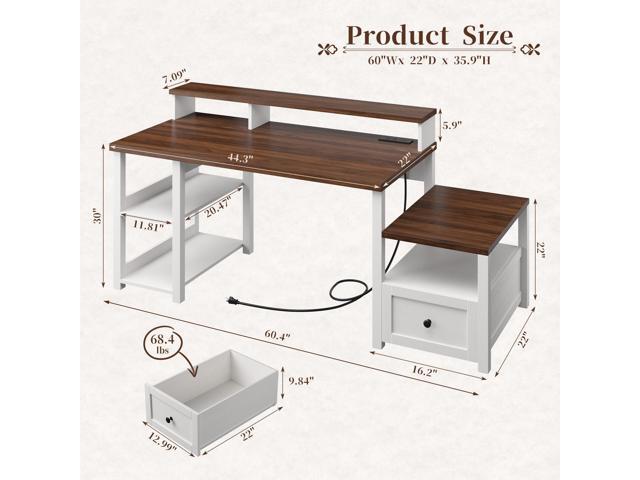 EnHomee 60.4' Computer Desk with Drawer & Power Outlet, Gaming Desk with LED Light, Farmhouse Desk Study Desk with Monitor Stand, Home Office Desk,...