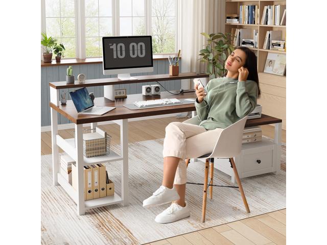 EnHomee 60.4' Computer Desk with Drawer & Power Outlet, Gaming Desk with LED Light, Farmhouse Desk Study Desk with Monitor Stand, Home Office Desk,...