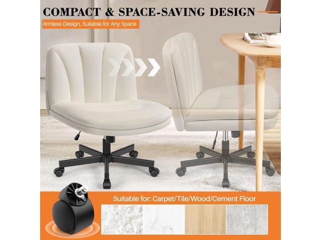 FelixKing Criss Cross Chair with Wheels, Cross Legged Office Chair, Armless Wide Vanity Desk Chair with Comfty PU Leather & Back - Swivel Height...