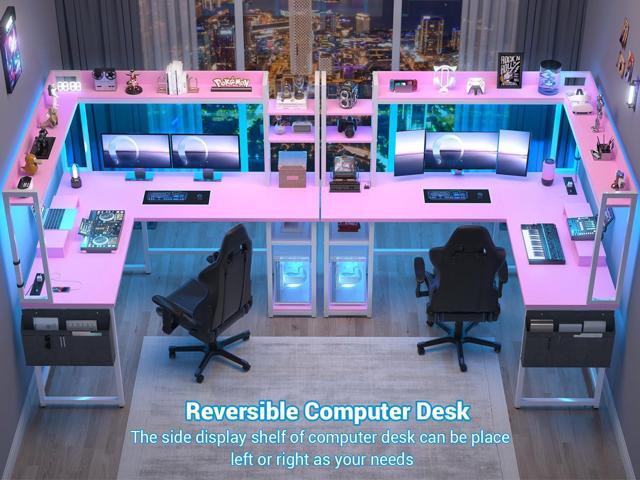 Aheaplus L Shaped Desk with Power Outlet, L Shaped Gaming Desk with Led Light & Hutch, Reversible Home Office Desk, Corner Computer Desk with...