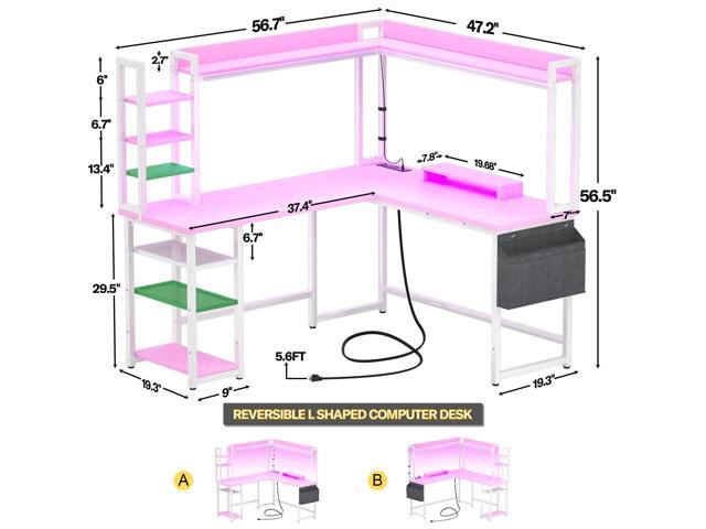 Aheaplus L Shaped Desk with Power Outlet, L Shaped Gaming Desk with Led Light & Hutch, Reversible Home Office Desk, Corner Computer Desk with...