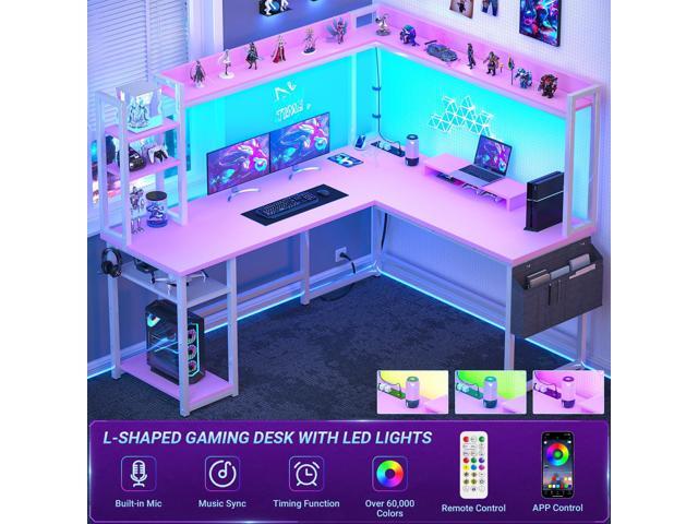 Aheaplus L Shaped Desk with Power Outlet, L Shaped Gaming Desk with Led Light & Hutch, Reversible Home Office Desk, Corner Computer Desk with...