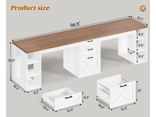 SEDETA Farmhouse 96.5' Computer Desk with Drawers, 2 Person Home Office Desk, Gaming Double Desk with Storage Shelves, Long Two Person Writing Desk...