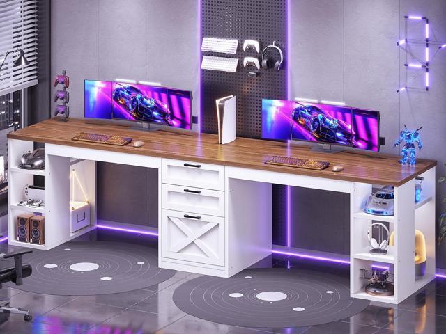 SEDETA Farmhouse 96.5' Computer Desk with Drawers, 2 Person Home Office Desk, Gaming Double Desk with Storage Shelves, Long Two Person Writing Desk...