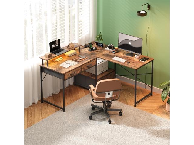 L Shaped Computer Desk, 78.7' Reversible Home Office Desk with Printer Storage Shelf & 3 Fabric Drawers, Two Person Desk with LED Lights & Power...