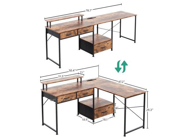 L Shaped Computer Desk, 78.7' Reversible Home Office Desk with Printer Storage Shelf & 3 Fabric Drawers, Two Person Desk with LED Lights & Power...