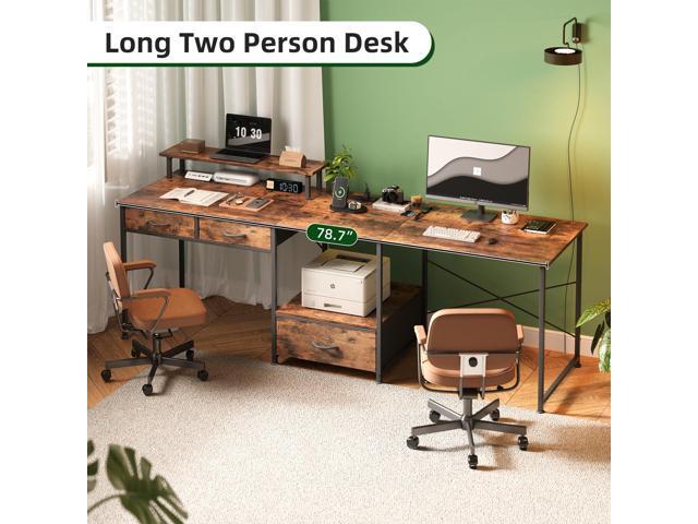 L Shaped Computer Desk, 78.7' Reversible Home Office Desk with Printer Storage Shelf & 3 Fabric Drawers, Two Person Desk with LED Lights & Power...
