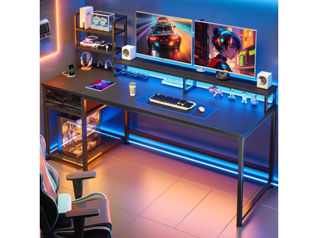 EnHomee 55 Inch Gaming Desk with Hutch and Drawers,Reversible Computer Desk with Monitor Shelf,Home Office Desks with USB Power Outlets and...