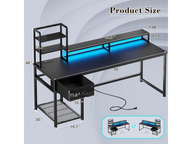 EnHomee 55 Inch Gaming Desk with Hutch and Drawers,Reversible Computer Desk with Monitor Shelf,Home Office Desks with USB Power Outlets and...