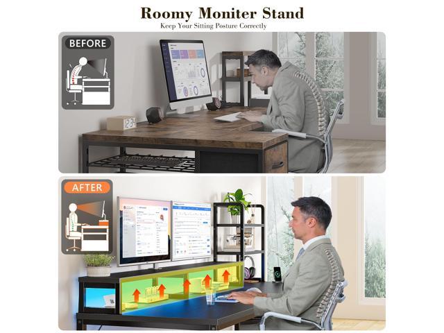 EnHomee 55 Inch Gaming Desk with Hutch and Drawers,Reversible Computer Desk with Monitor Shelf,Home Office Desks with USB Power Outlets and...