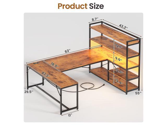SEDETA L Shaped Desk with Storage Shelves, 63 Reversible U Shaped Office Desk, Gaming Desk with Power Outlet and LED Lights for Home Office, Rustic...