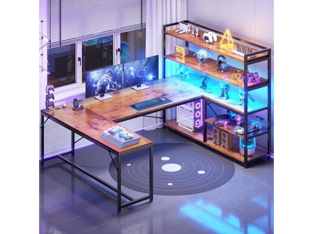 SEDETA L Shaped Desk with Storage Shelves, 63 Reversible U Shaped Office Desk, Gaming Desk with Power Outlet and LED Lights for Home Office, Rustic...