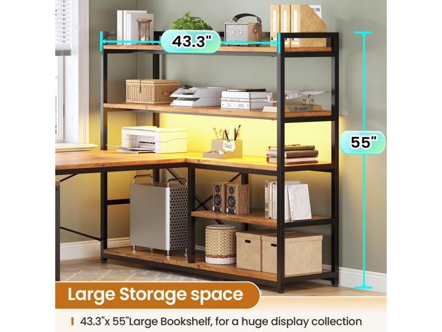 SEDETA L Shaped Desk with Storage Shelves, 63 Reversible U Shaped Office Desk, Gaming Desk with Power Outlet and LED Lights for Home Office, Rustic...
