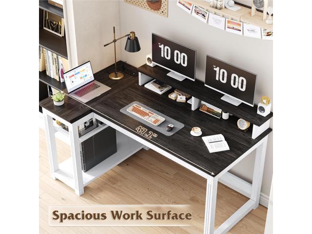 EnHomee 47.3' Computer Desk with Monitor Stand & LED Lights, Farmhouse Office Desk with Power Outlet & Storage Shelves for Home Office, Wood...
