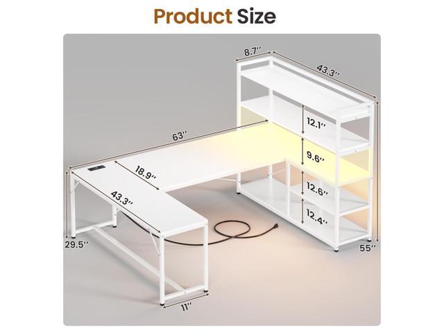 SEDETA L Shaped Computer Desk, 63 Reversible Office Desk or Corner Desk with Storage Shelves, White Gaming Desk with LED Lights, Power Outlet