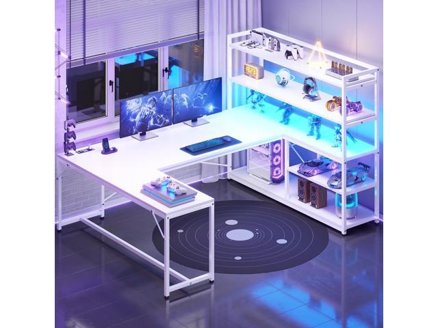 SEDETA L Shaped Computer Desk, 63 Reversible Office Desk or Corner Desk with Storage Shelves, White Gaming Desk with LED Lights, Power Outlet