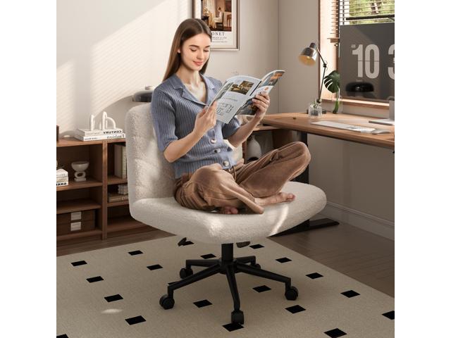 Yaheetech Wide Criss Cross Legged Office Desk Chair with No Wheels, Vanity Comfy Swivel Computer Chairs for Home Office Reading Makeup, Ivory