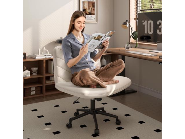 Yaheetech Wide Criss Cross Legged Office Desk Chair with No Wheels, Vanity Comfy Swivel Computer Chairs for Home Office Reading Makeup, Beige