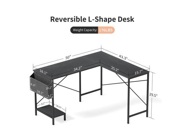 L Shaped Desk Gaming Computer 50 Inch Reversible Corner Table PC Work Table for Writing Study Student with Wood Tabletop Metal Frame CPU Stand Side...