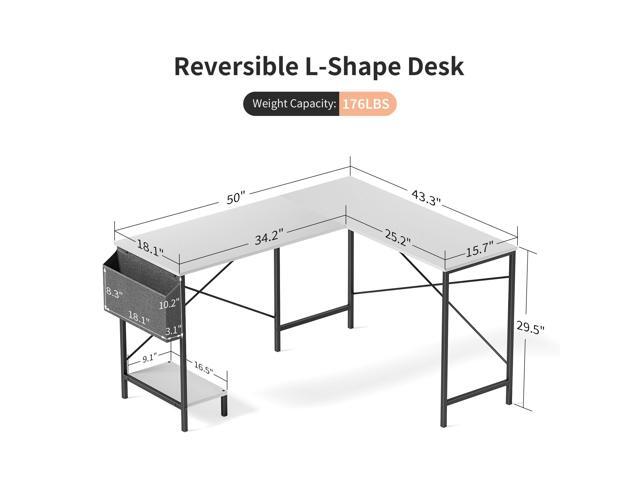 L Shaped Desk Gaming Computer 50 Inch Reversible Corner Table PC Work Table for Writing Study Student with Wood Tabletop Metal Frame CPU Stand Side...