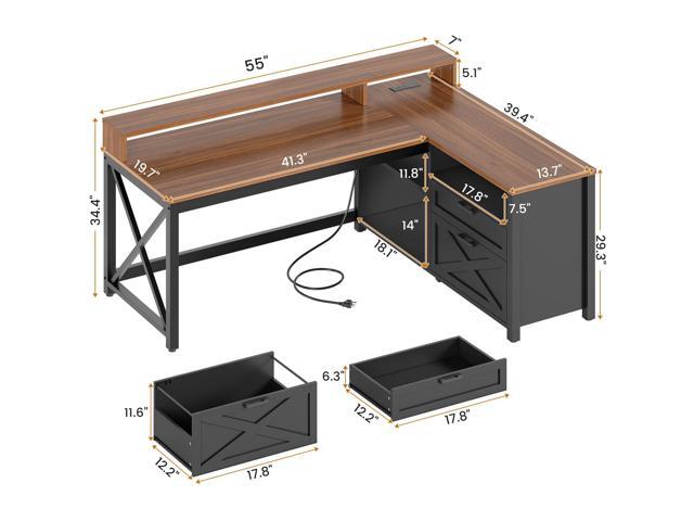 SEDETA L Shaped Gaming Desk with Drawers, 55' Farmhouse Computer Desk with File Drawer and Storage Shelves, Corner Gaming Desk with LED Lights and...