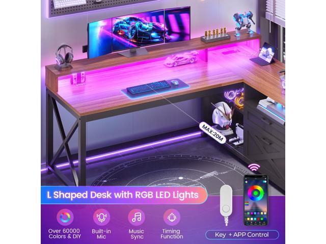 SEDETA L Shaped Gaming Desk with Drawers, 55' Farmhouse Computer Desk with File Drawer and Storage Shelves, Corner Gaming Desk with LED Lights and...