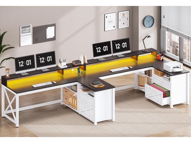 SEDETA Corner Computer Desk, 55' L Shaped Gaming Desk with Storage Drawers and Power Outlet, Farmhouse Corner Gaming Desk with Storage Shelves and...