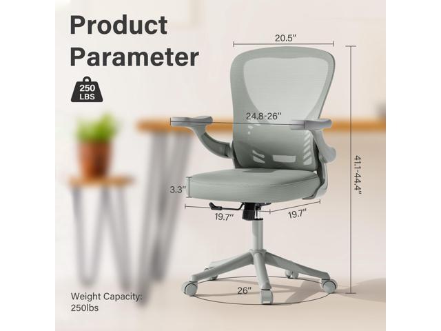Computer Desk Chair with Wheels, Mesh Office Chair with Flip Up Arms, Adjustable Lumbar Support, Swivel Desk Chair Comfy, All Grey