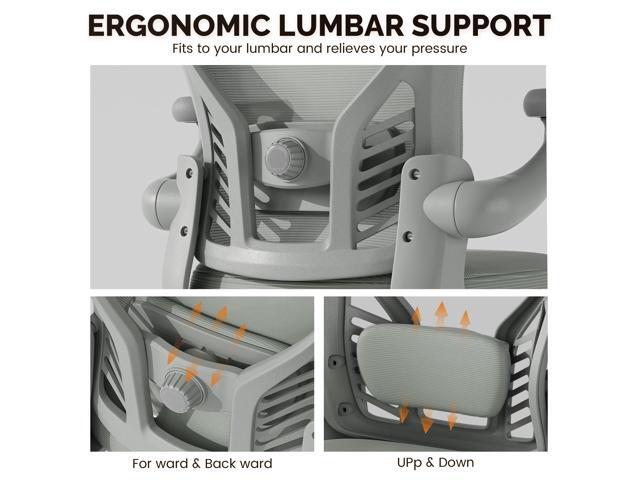 Computer Desk Chair with Wheels, Mesh Office Chair with Flip Up Arms, Adjustable Lumbar Support, Swivel Desk Chair Comfy, All Grey