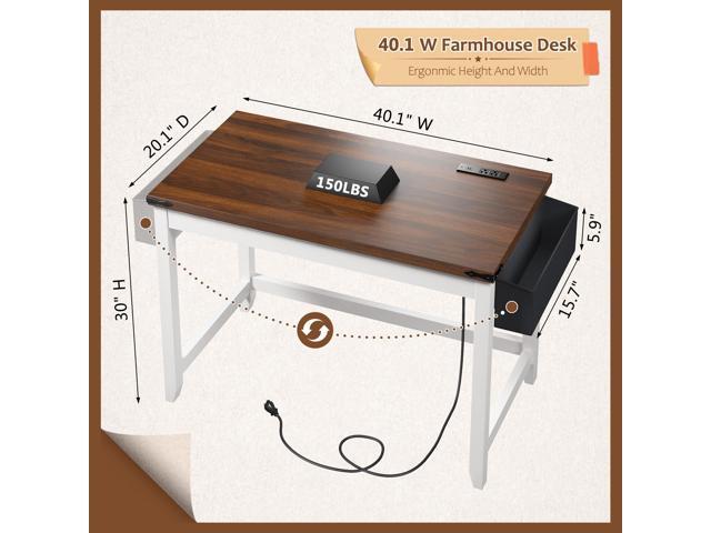 EnHomee 40 Inch Small Desk with Storage Bag Detachable, Gaming Desk with Power Outlet, Modern Simple Home Office Desk and Writing Desk for Small...
